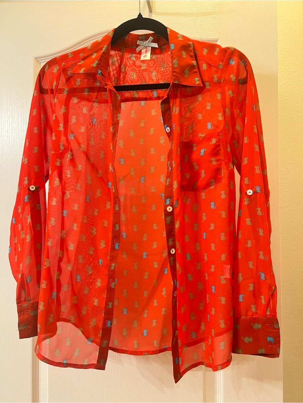 DownEast Coral-Red Floral Sheer Blouse